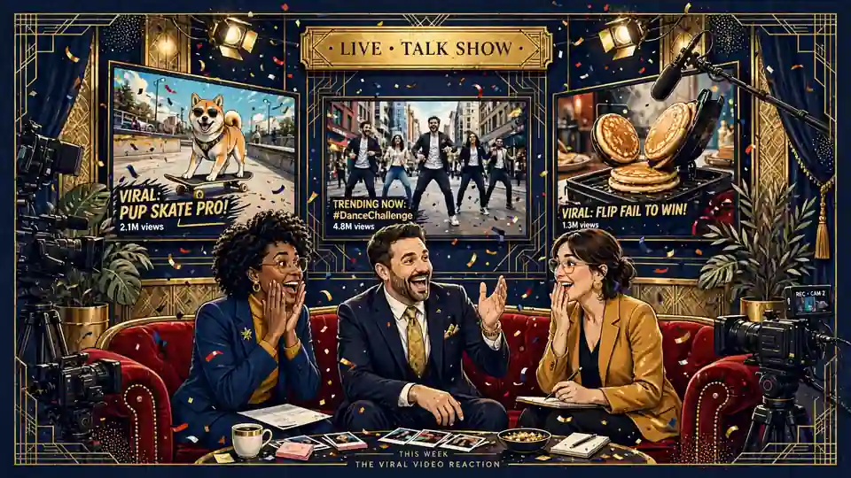 Illustrated editorial scene of a lively TV talk-show set inspired by Chanel West Coast's Ridiculousness years