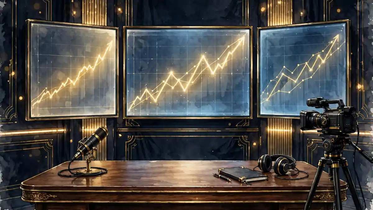 Illustration of a financial news studio desk with a glowing stock market ticker