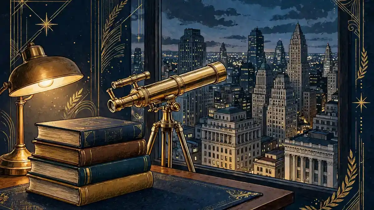 Illustration of investing books and a brass telescope overlooking a city skyline at dusk