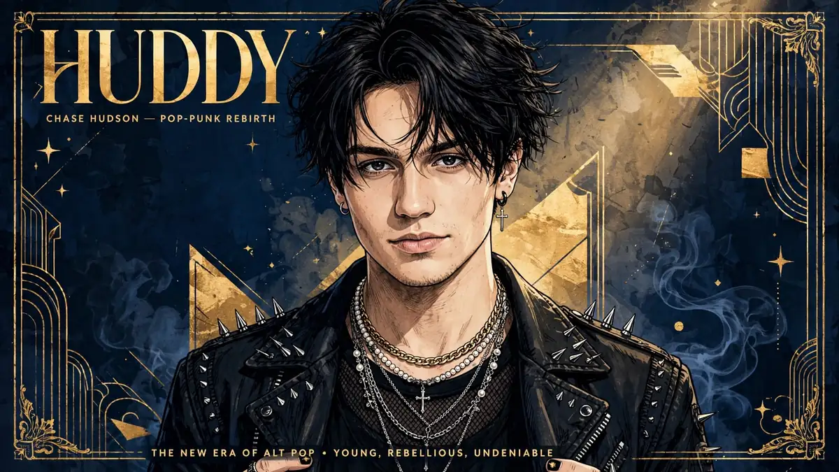Stylized illustrated portrait of TikTok star and pop-punk singer Chase Hudson, known as Huddy, against a navy and gold background