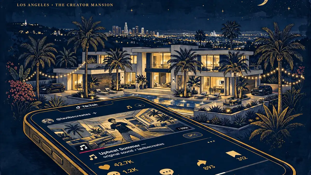 Stylized illustration of a Los Angeles content-creator mansion with a smartphone showing a TikTok-style video interface