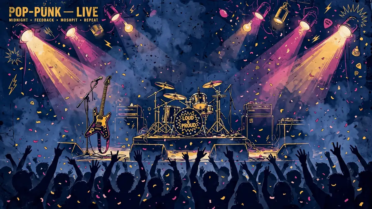Stylized illustration of a pop-punk concert stage with electric guitar and gold stage lights