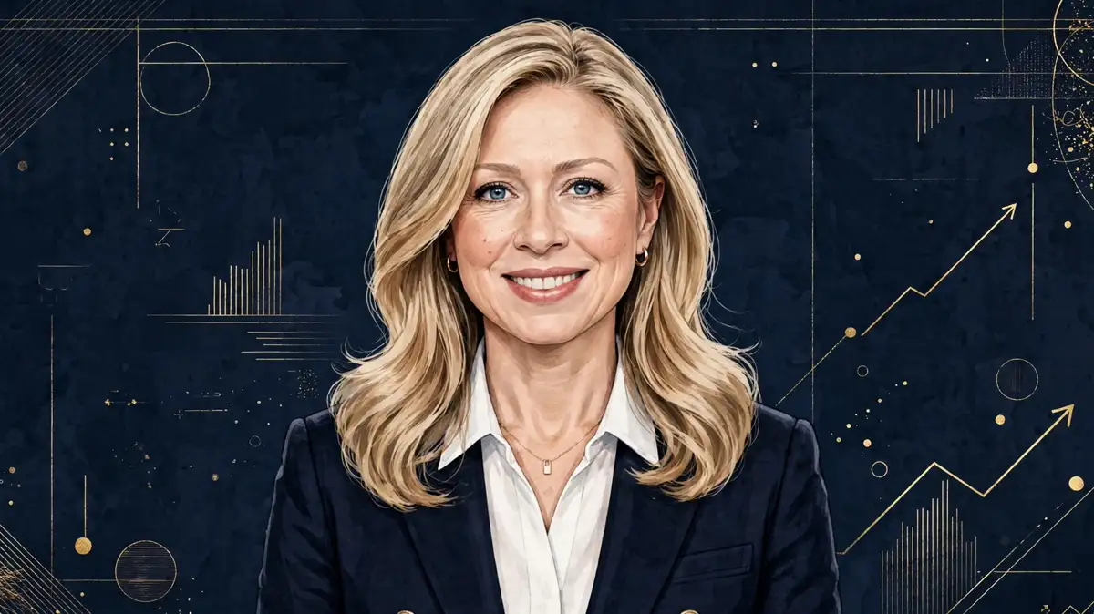 Stylized illustrated portrait of Chelsea Clinton in a navy blazer with gold financial-chart accents
