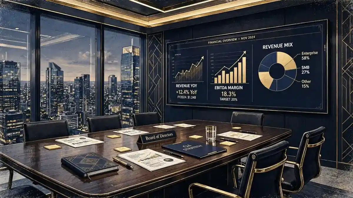 Editorial illustration of a corporate boardroom with financial charts and a Board of Directors nameplate