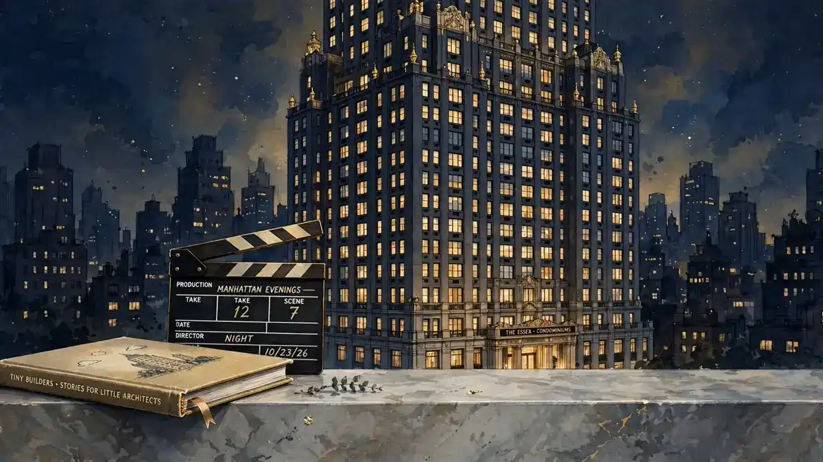 Editorial illustration of a Manhattan luxury high-rise at dusk with a children's book and film clapperboard