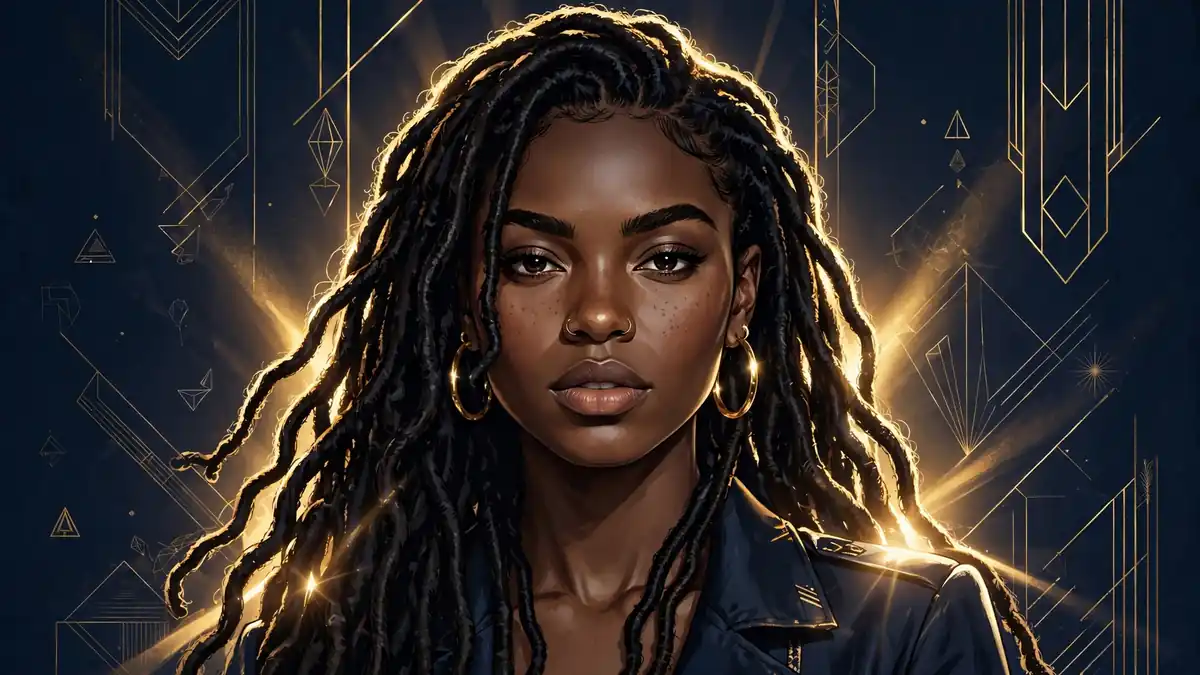 Stylized illustrated portrait of singer Chloe Bailey with gold jewelry, navy and gold editorial style
