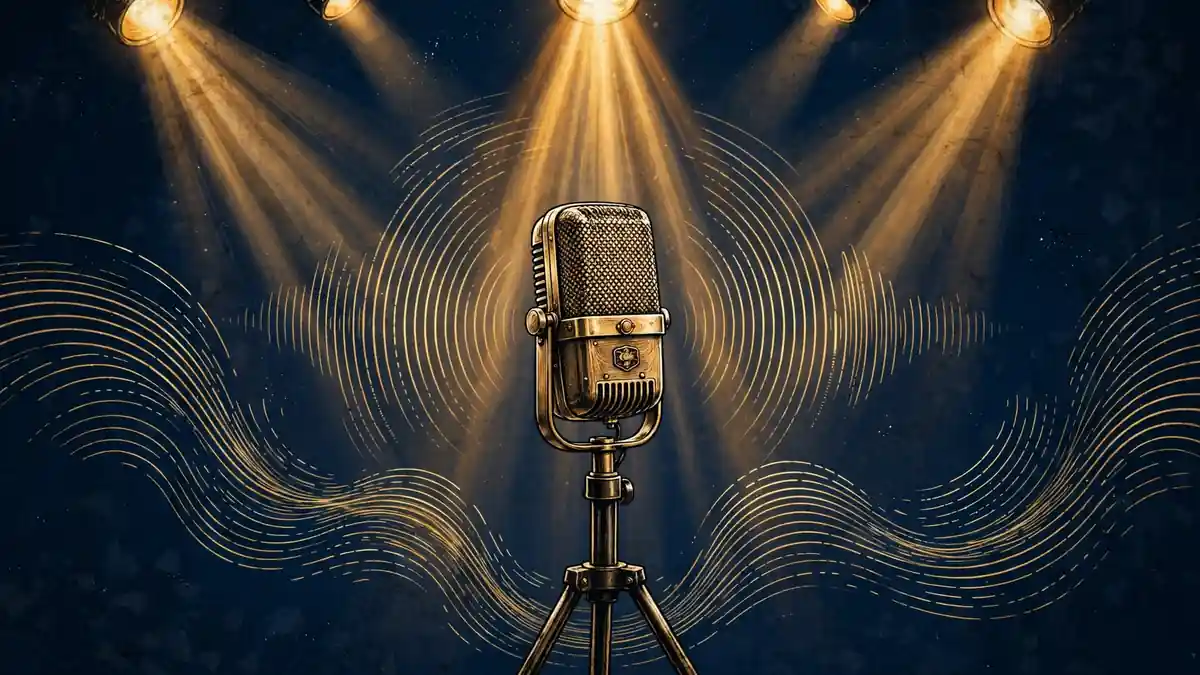 Editorial illustration of a studio microphone under gold stage lights, navy and gold style