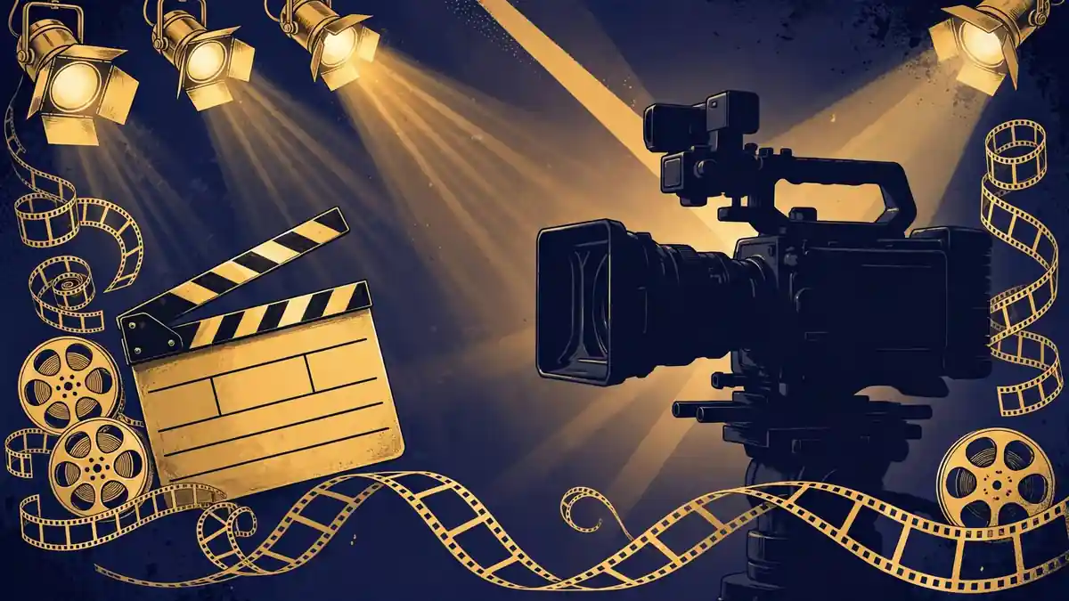 Editorial illustration of a film set with clapperboard and cinema camera, navy and gold style