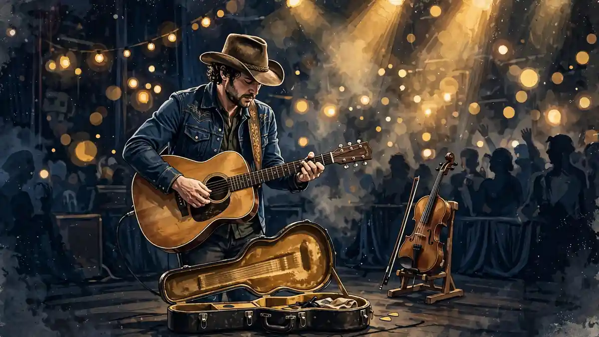Illustrated country musician performing with a guitar on stage, a violin on a stand beside him