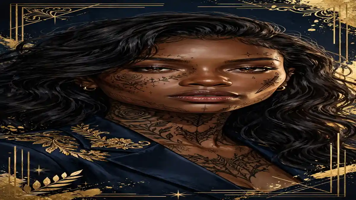 Illustrated portrait of Chrisean Rock with long dark hair and face tattoos, dark navy and gold editorial style