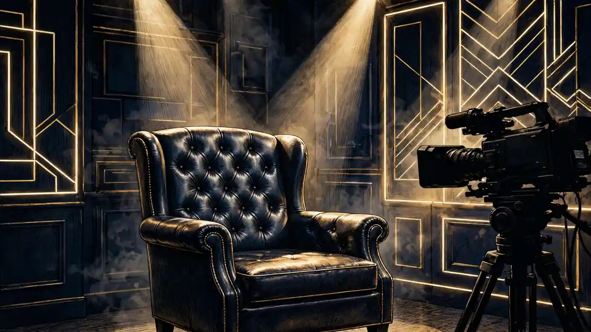 Illustrated reality TV confessional set with spotlights and camera, dark navy and gold editorial style