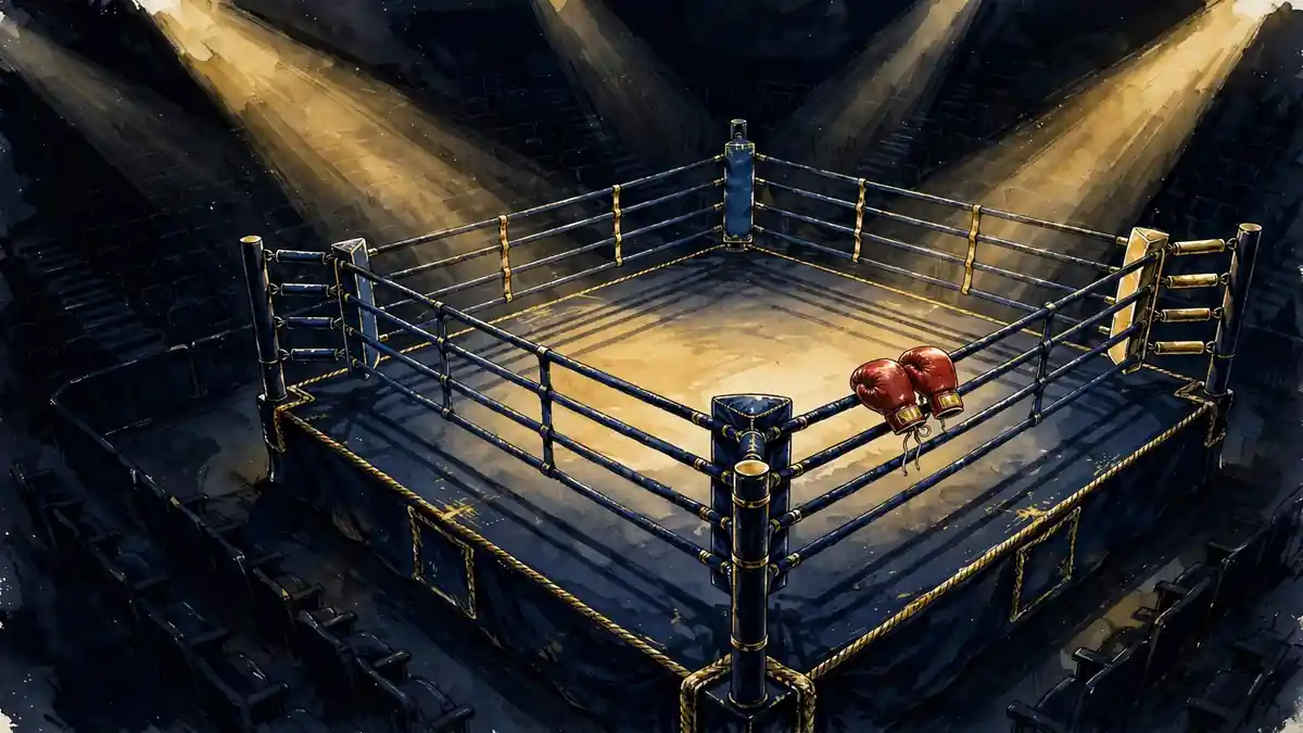 Illustrated boxing ring under golden spotlights with gloves on the ropes, dark navy and gold editorial style