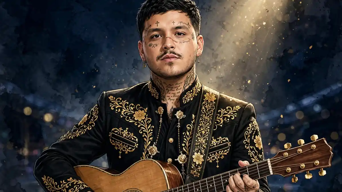 Illustrated portrait of Christian Nodal in a black charro jacket with gold embroidery, holding a guitar