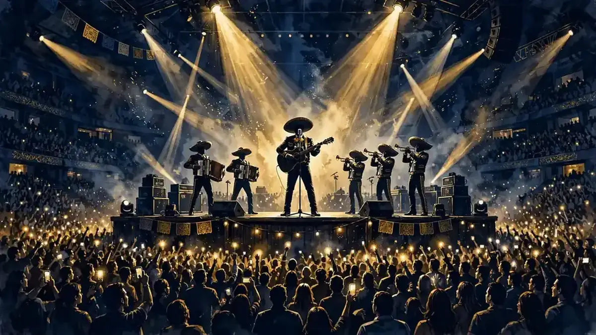 Illustration of a sold-out arena concert with mariachi trumpeters and a cheering crowd