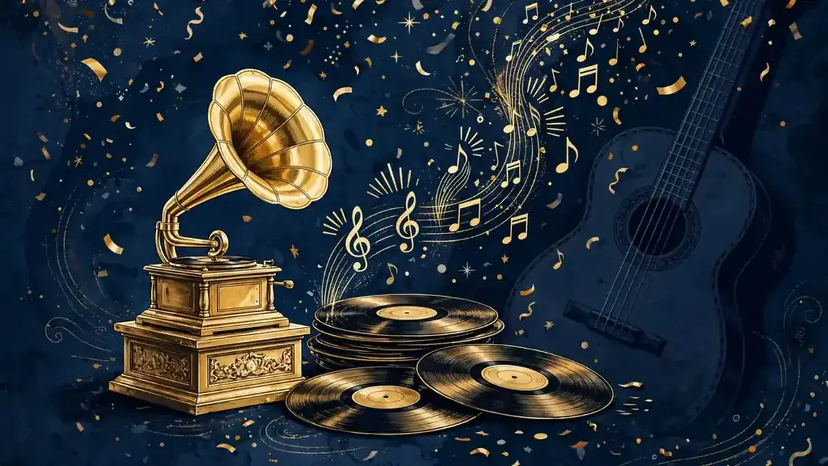 Illustration of a golden music award trophy with vinyl records and streaming notes