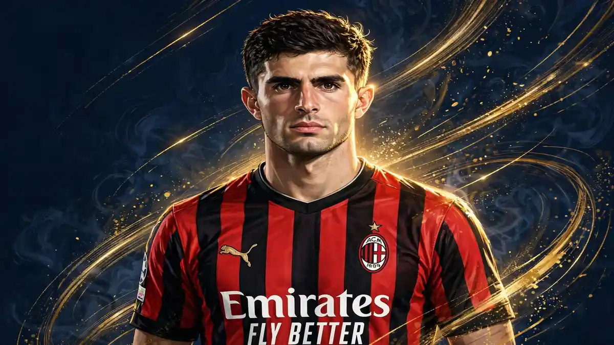 Stylized illustrated portrait of Christian Pulisic in an AC Milan jersey.
