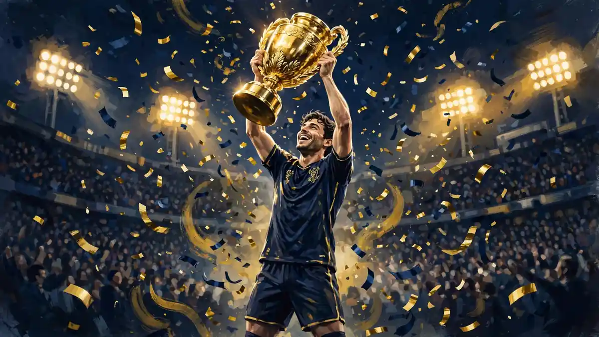 Stylized illustration of a soccer player lifting a trophy under stadium floodlights