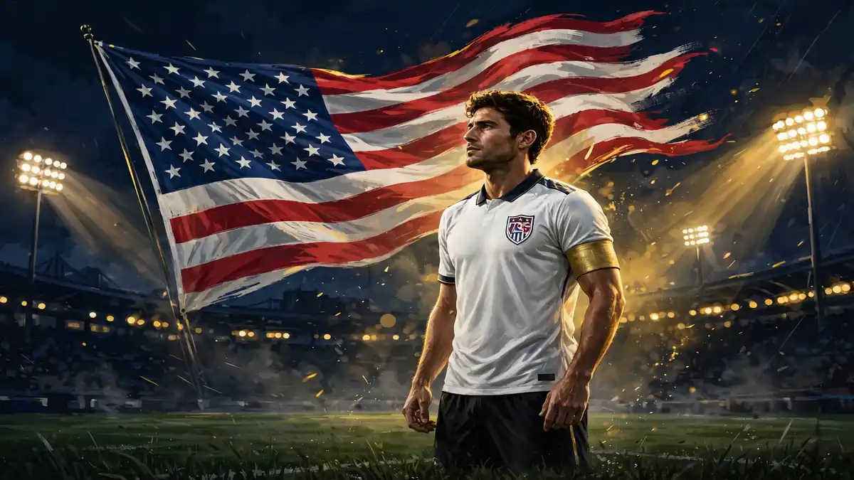 Stylized illustration of a soccer player in a US national team jersey with a captain's armband
