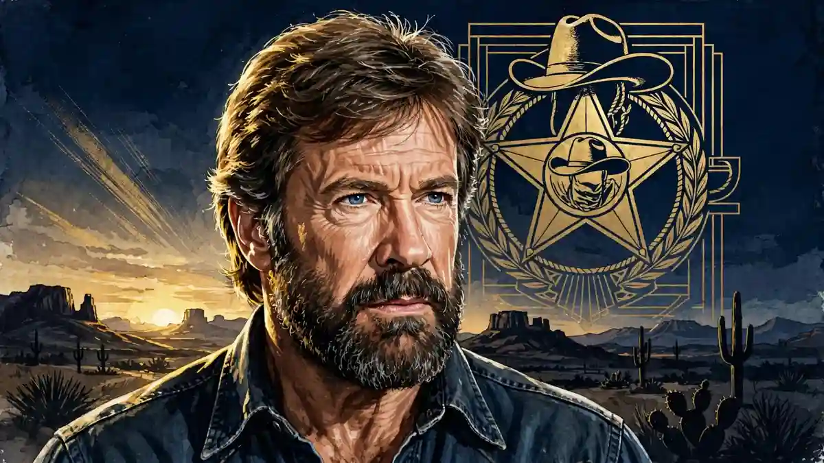 Stylized illustrated portrait of action star Chuck Norris with his signature beard, in navy and gold editorial style