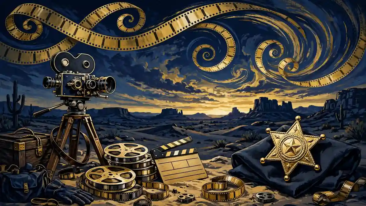 Editorial illustration of a 1980s action film set with camera, film reels and desert motif in navy and gold
