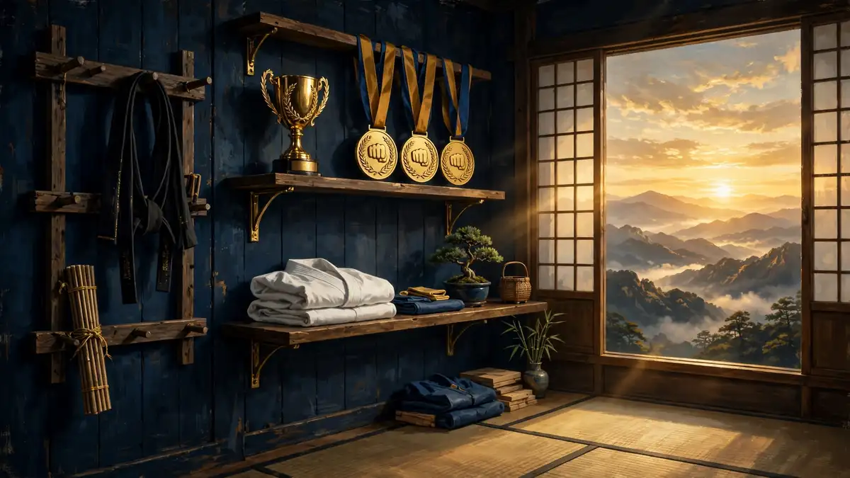 Editorial illustration of a martial arts dojo with black belt, championship trophies and gold medals in navy and gold