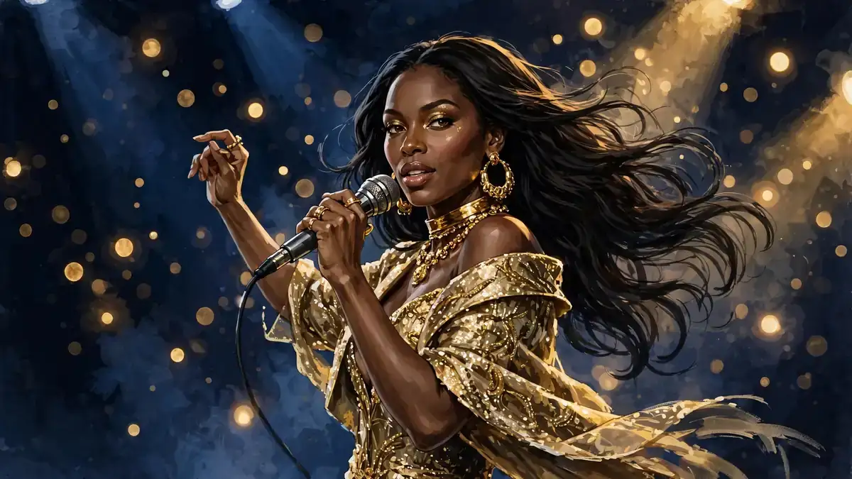 Stylized illustrated portrait of Ciara performing on stage in gold and navy light