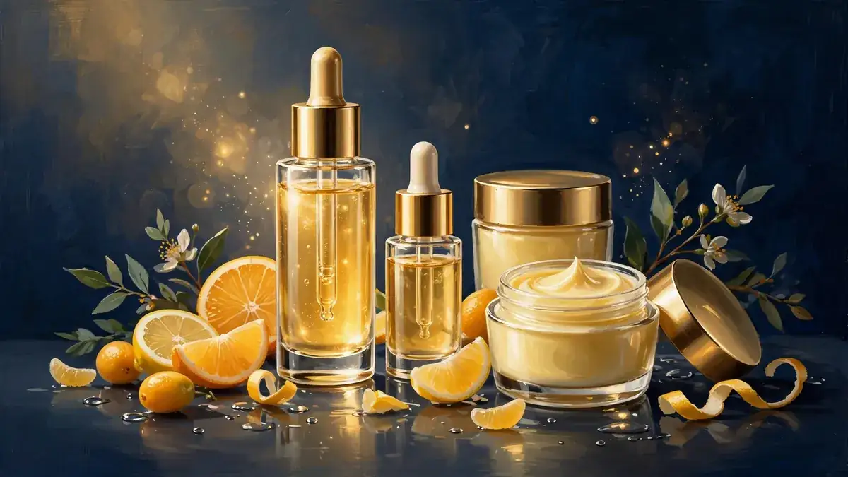 Illustrated still life of luxury vitamin C skincare bottles glowing in gold light on navy