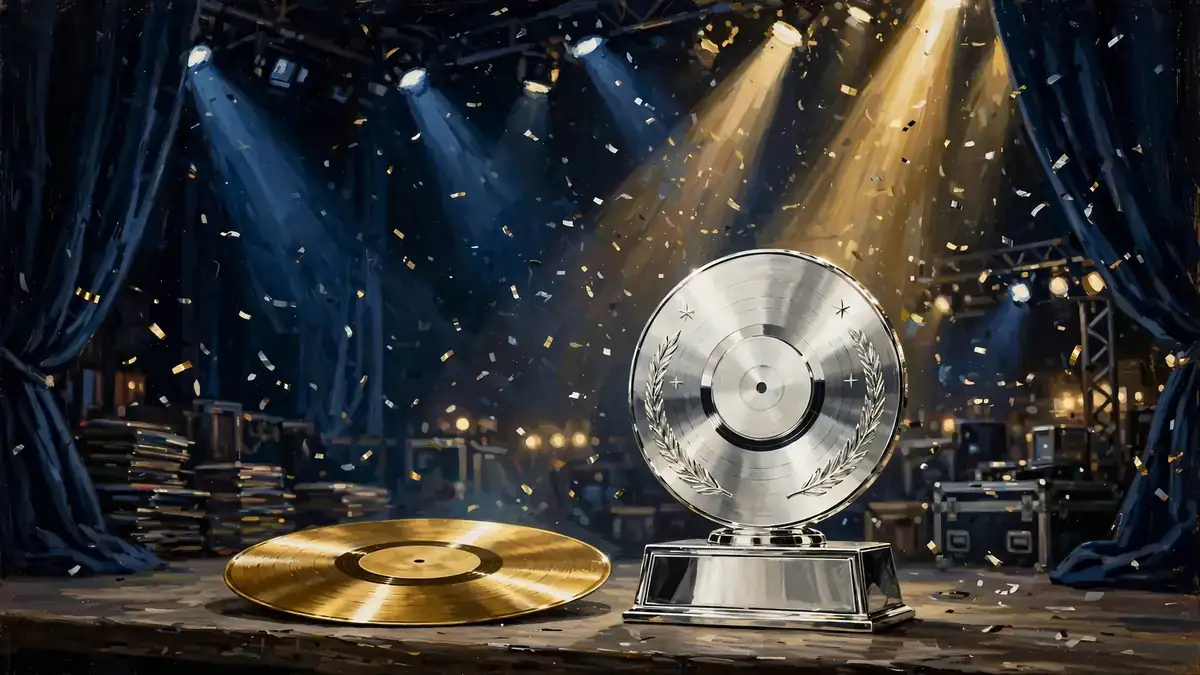 Illustrated golden vinyl record and platinum disc under navy concert spotlights