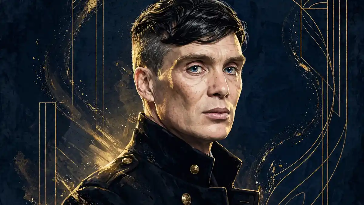 Stylized illustrated portrait of Cillian Murphy in a navy and gold editorial style