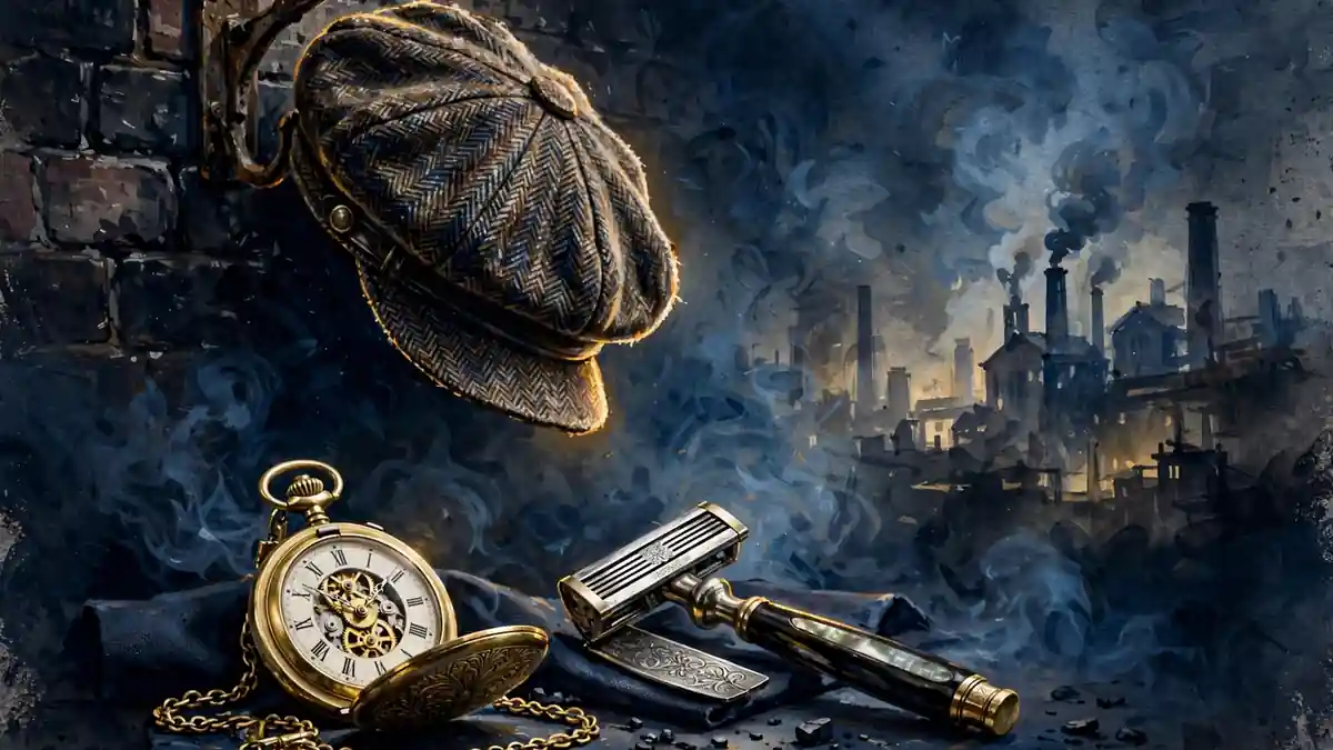 Illustration of a 1920s flat cap, pocket watch and razor against an industrial Birmingham skyline — motifs from Peaky Blinders