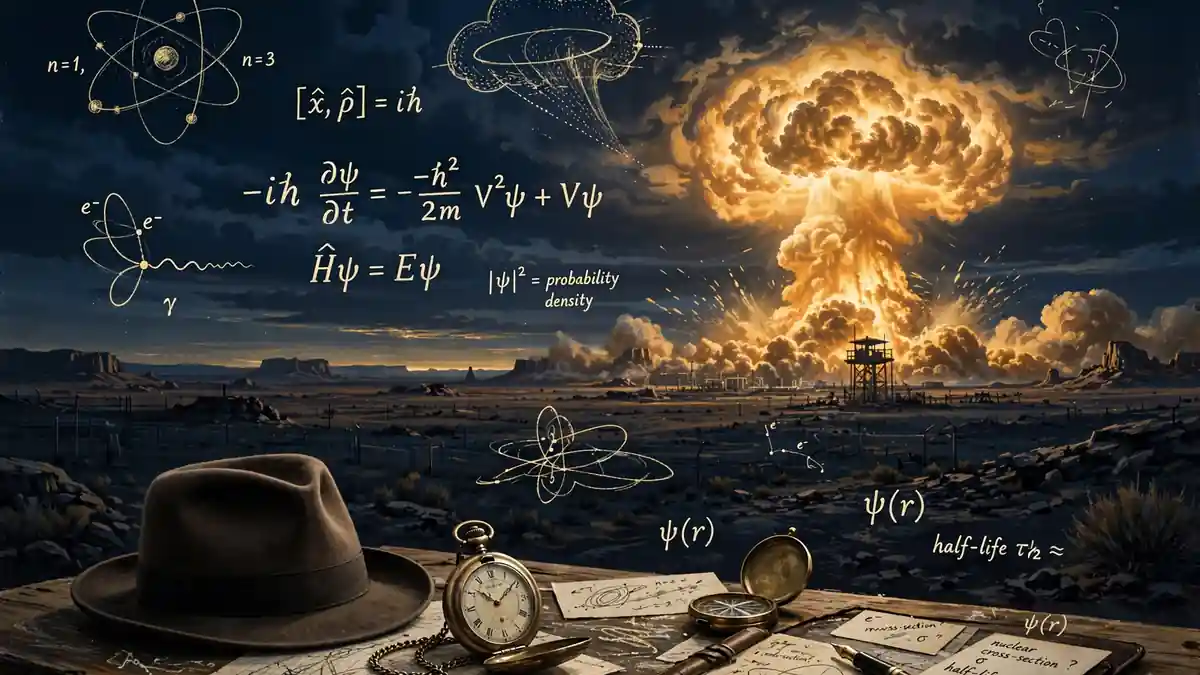 Illustration of a desert atomic test site with floating quantum equations — motifs from Oppenheimer