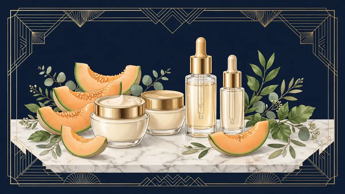 Illustration of luxury skincare products with melon accents representing Meaningful Beauty
