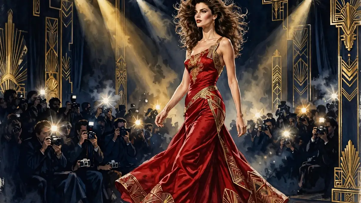 Illustration of a supermodel walking a 1990s fashion runway