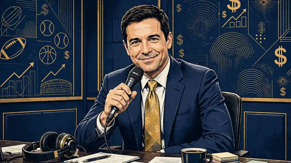 Illustrated portrait of Clay Travis, American sports media entrepreneur, at a broadcast microphone in navy and gold