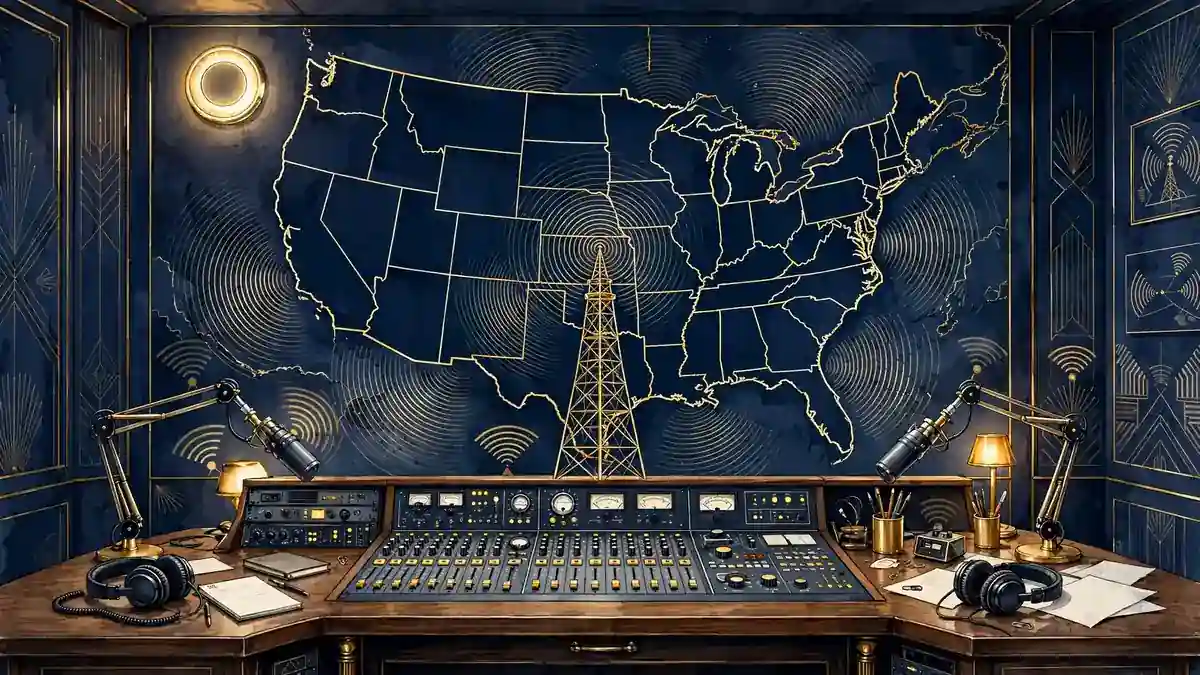 Illustrated sports talk radio studio with microphones, ON AIR sign, and signal waves across the United States in navy and gold