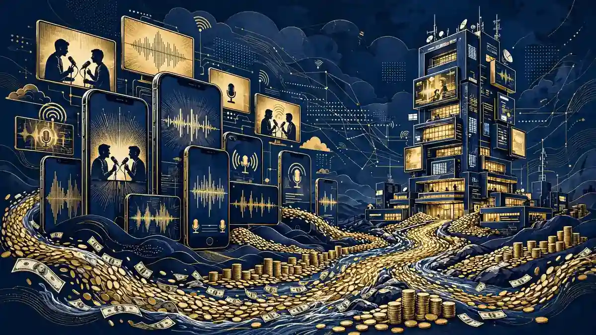 Illustrated digital media headquarters surrounded by podcast screens, coins and dollar bills in navy and gold