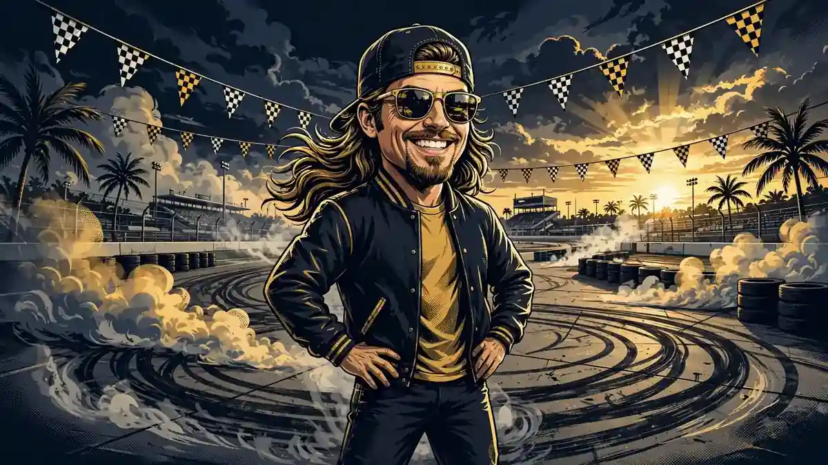 Stylized illustration of Cleetus McFarland, goateed with a mullet and wearing a backward cap and sunglasses, grinning on a Florida racetrack burnout pad at sunset