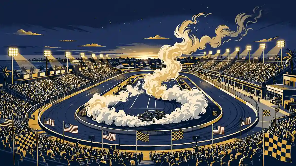 Stylized illustration of a packed Florida short-track speedway at dusk with a car doing a burnout in clouds of tire smoke