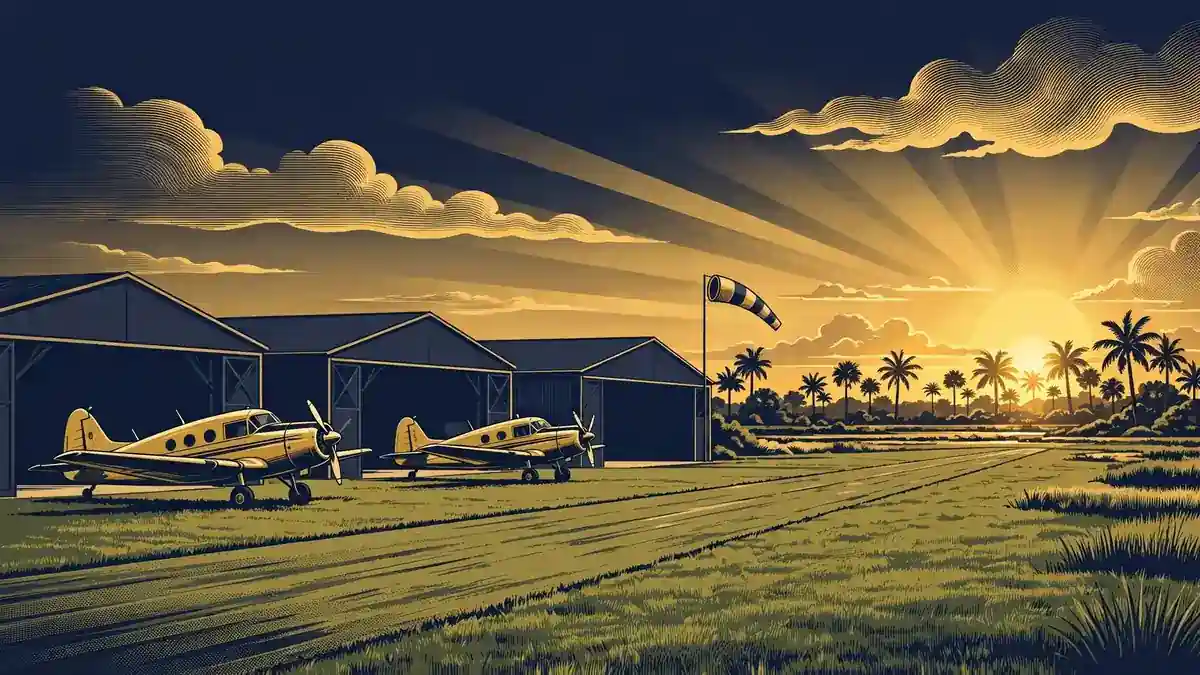 Stylized illustration of a private grass airstrip at golden hour with vintage airplanes parked beside open hangars