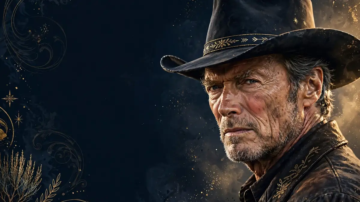 Illustrated editorial portrait of Clint Eastwood in a cowboy hat against a dark navy and gold background