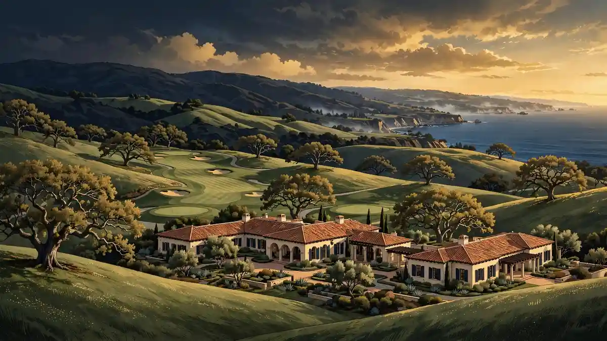 Illustrated coastal California ranch estate with golf course and Pacific Ocean views at golden hour