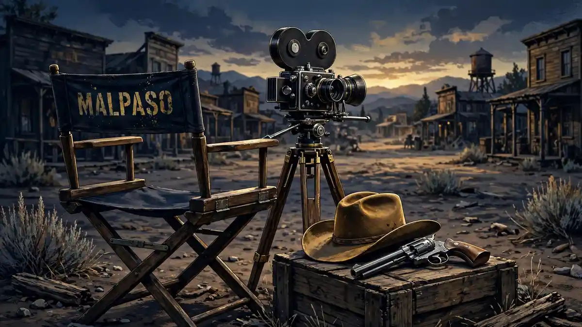 Illustrated Western film set with a Malpaso director's chair, vintage camera, cowboy hat and revolver at dusk