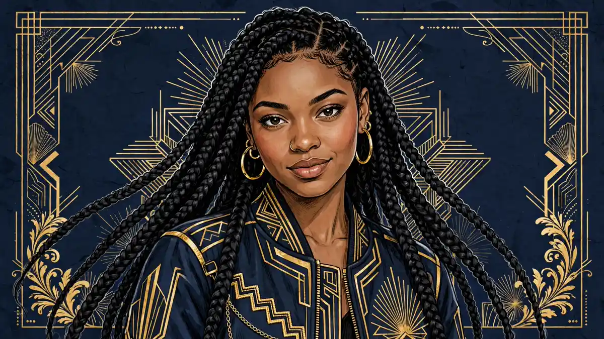 Illustrated portrait of rapper Coi Leray with braided hair and gold earrings on a navy and gold background
