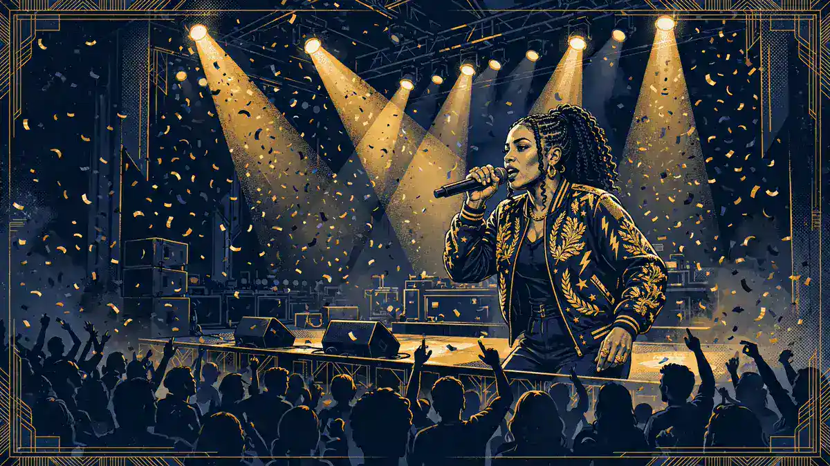 Illustrated scene of a rapper performing on stage with spotlights and confetti in navy and gold