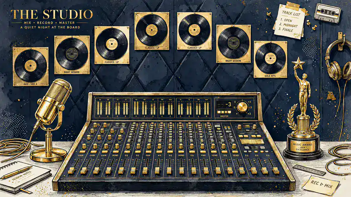 Illustrated recording studio desk with gold microphone, mixing console and award statuette in navy and gold
