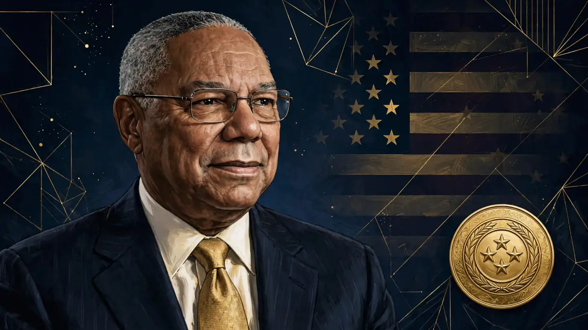 Illustrated portrait of Colin Powell in a navy suit with gold accents and a four-star emblem