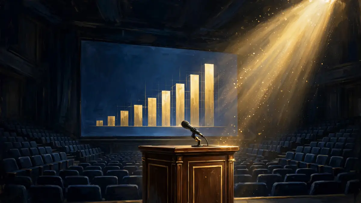 Illustration of a speaker’s lectern in a gold spotlight with a rising fees chart