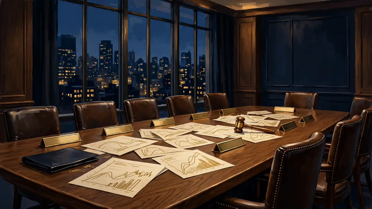 Illustration of a corporate boardroom table with a city skyline at dusk