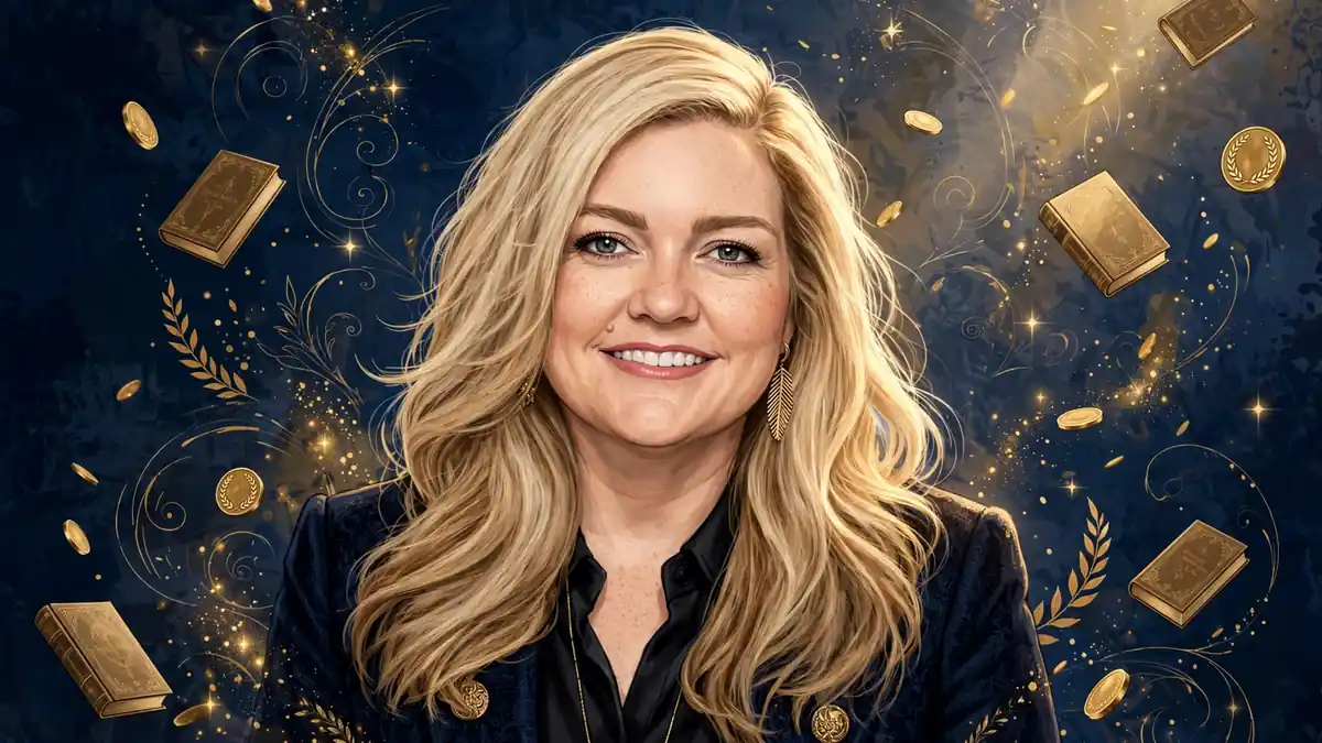 Illustrated portrait of bestselling author Colleen Hoover in navy and gold editorial style