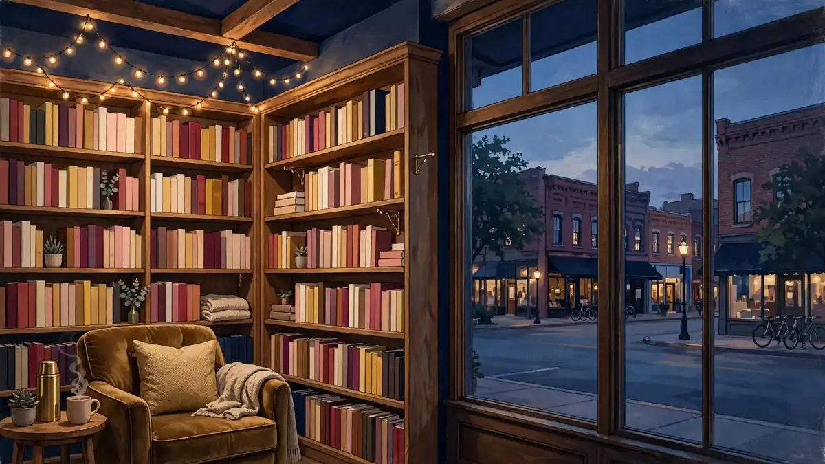 Illustrated cozy nonprofit bookstore interior inspired by Colleen Hoover's Bookworm Box in Sulphur Springs, Texas